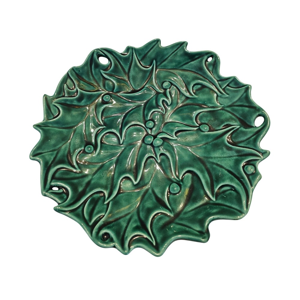 Vintage Atlantic Mold Holly Ceramic Bowl Green Christmas Serving Plate 11.5in‎